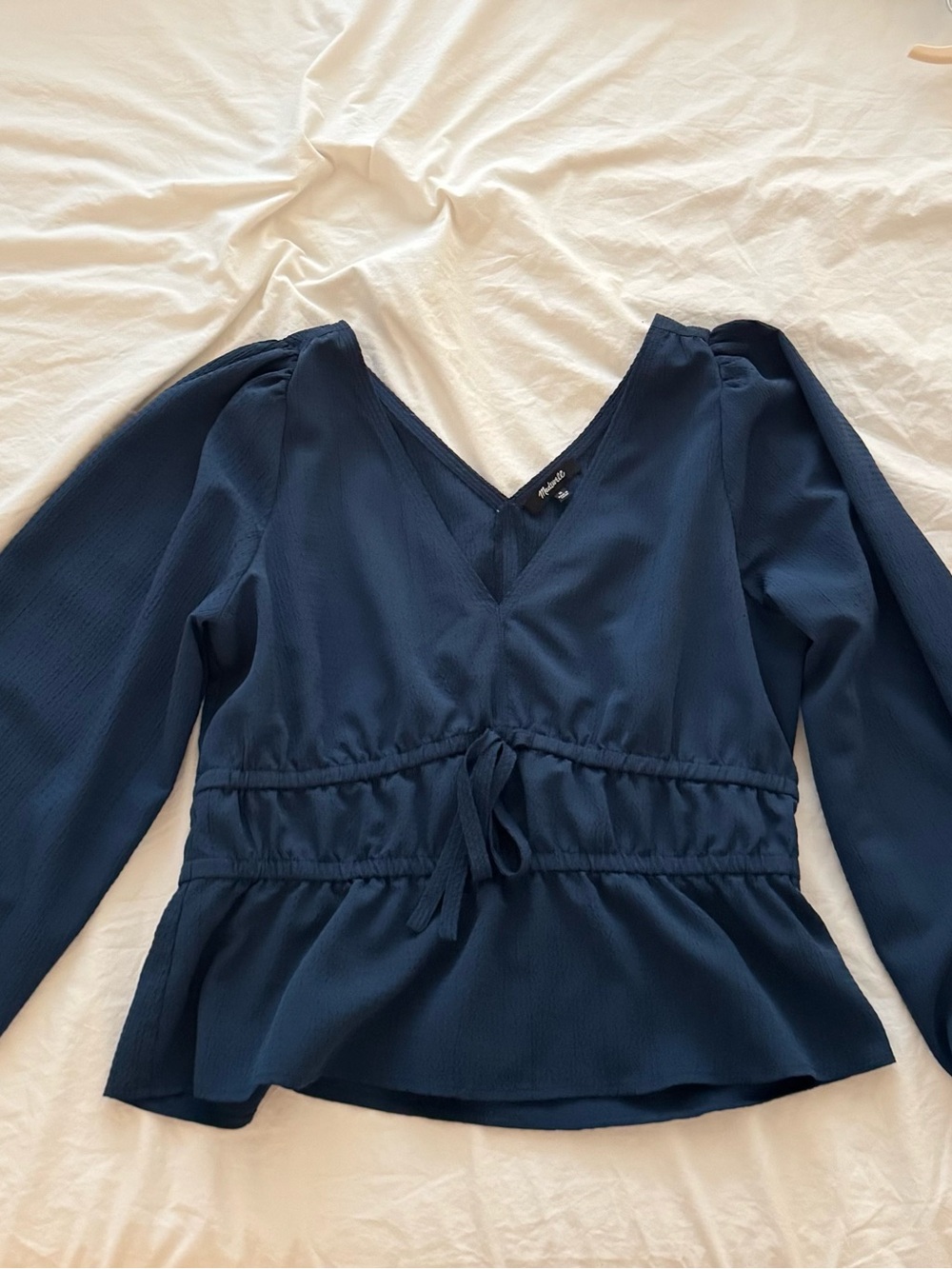 Long Sleeve V-Neck Blue Peplum Blouse Madewell
